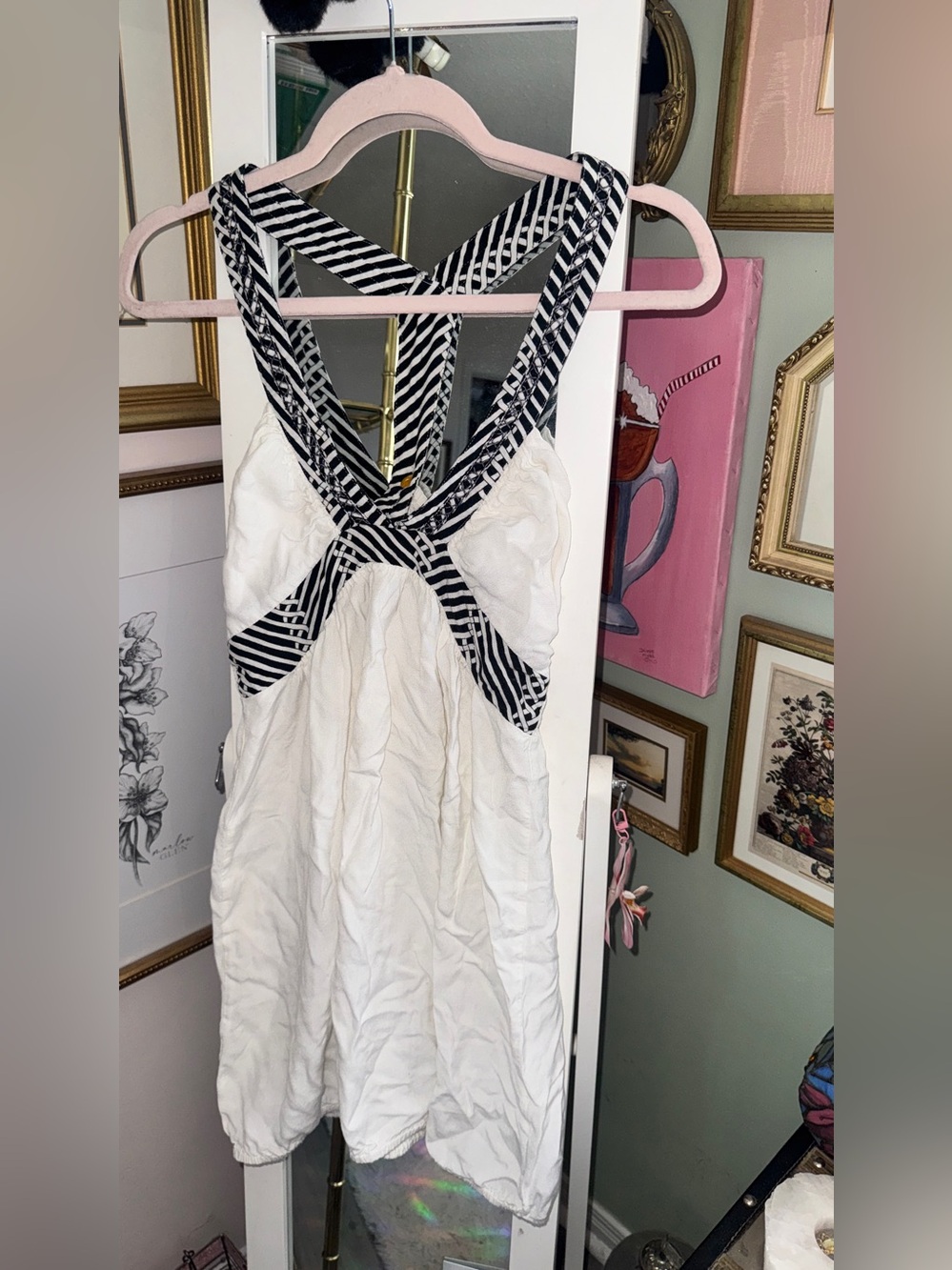 Vintage Melissa White Mini Dress with Black-and-White Striped Cross Back